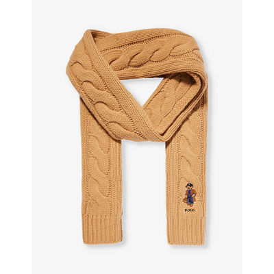 Shop Polo Ralph Lauren Women's Classic Camel Logo-embroidered Wool And Recycled-nylon Blend Scarf