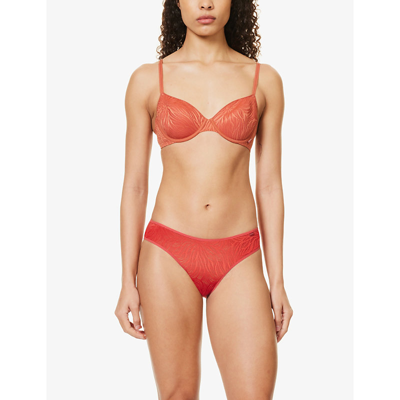 Shop Calvin Klein Women's Jazzberry Jam Sheer Marquisette Floral-pattern Mid-rise Stretch-lace Briefs In Red