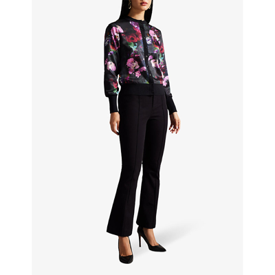 Shop Ted Baker Womens Black Abbalee Floral-print Woven Cardigan