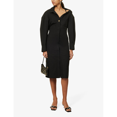 Shop Jacquemus Women's Black La Robe Chemise Asymmetric-neckline Cotton Mini Dress