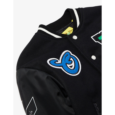 Shop Off-white C/o Virgil Abloh Boys Black Nautical Blue Kids Logo-patch Wool-blend Jacket Varsity Bomber