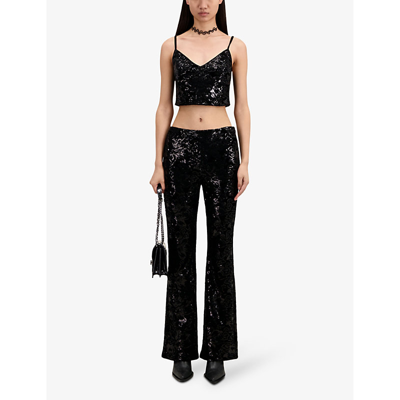 Shop The Kooples Women's Black High-rise Sequin-embroidered Stretch-velvet Trousers