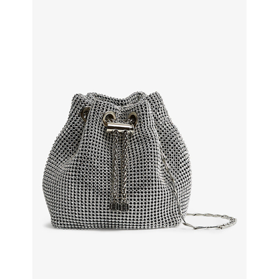 Shop Reiss Demi Crystal-embellished Woven Mini Bucket Bag In Silver