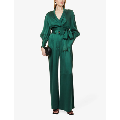Shop Zimmermann Buckle-embellished Wide-leg High-rise Silk Trousers In Jade