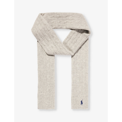 Shop Polo Ralph Lauren Womens Soft Grey Embroidered-logo Wool And Cashmere-blend Scarf