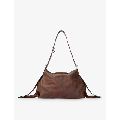 Shop Maje Marron/brown Miss M Eyelet-strap Vintage-leather Shoulder Bag