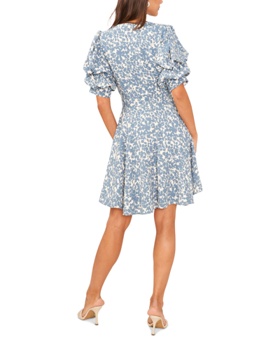 Shop 1.state Women's Printed V-neck Tiered Bubble Puff Sleeve Mini Dress In Bluestone