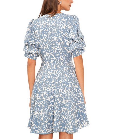 Shop 1.state Women's Printed V-neck Tiered Bubble Puff Sleeve Mini Dress In Bluestone