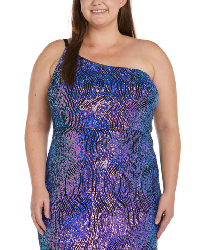 Shop Morgan & Company Trendy Plus Size Sequined One-shoulder Gown In Black,purlpe