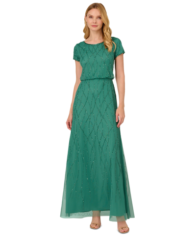 Shop Adrianna Papell Women's Short Sleeve Embellished Overlay Gown In Jungle Green