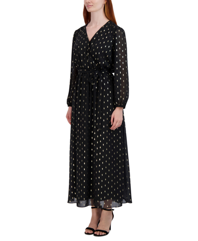 Shop Robbie Bee Women's Long-sleeve Chiffon A-line Dress In Black Gold