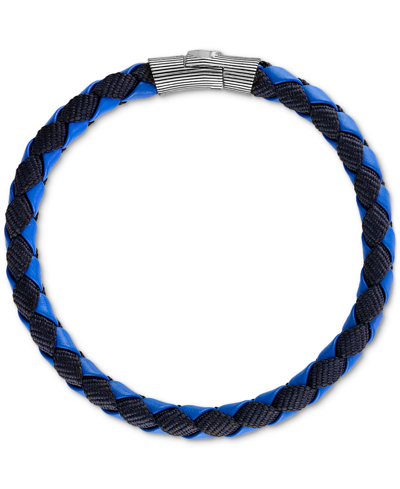 Shop Esquire Men's Jewelry Blue Leather Woven Bracelet In Sterling Silver, Created For Macy's
