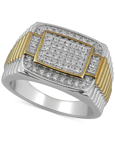 Shop Macy's Men's Diamond Two-tone Cluster Ring (1/2 Ct. T.w.) In 18k Gold Over Silver