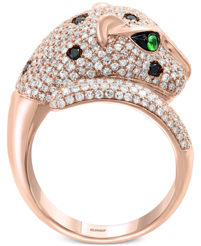 Shop Effy Collection Effy Black & White Diamond (1-1/2 Ct. T.w.) & Tsavorite (1/20 Ct. T.w.) Signature Panther Ring In 14 In Rose Gold