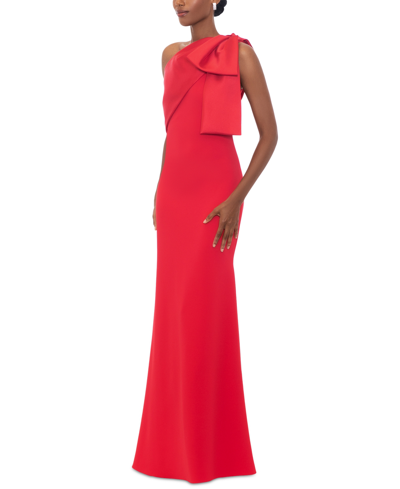 Betsy & Adam Bow One-shoulder Crepe Mermaid Gown In Red
