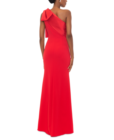 Betsy & Adam Bow One-shoulder Crepe Mermaid Gown In Red