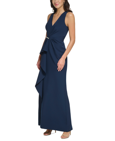Shop Eliza J Women's V-neck Cascading-ruffle Side-slit Gown In Cobalt