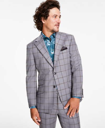 Shop Tallia Men's Slim-fit Stretch Plaid Suit Jacket In Grey,brown Window