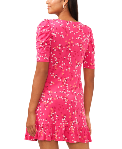 Shop Msk Women's Printed Knit Shirred-sleeve Ruffled-hem Dress In Pink Punch
