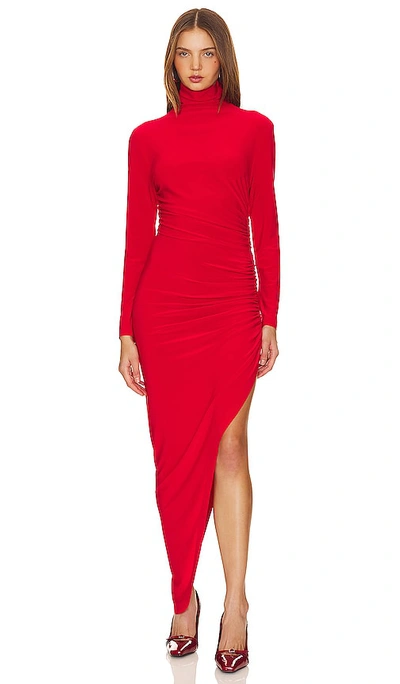 Shop Norma Kamali Long Sleeve Turtle Neck Side Drape Gown In Tiger Red