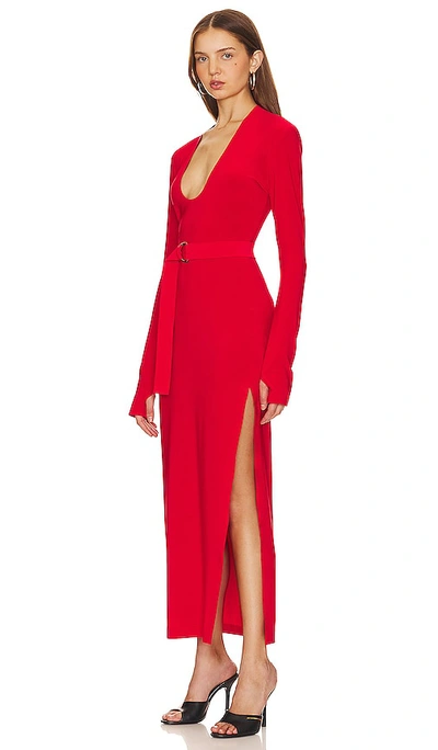 Shop Norma Kamali Long Sleeve Deep U Neck Side Slit Gown In Tiger Red