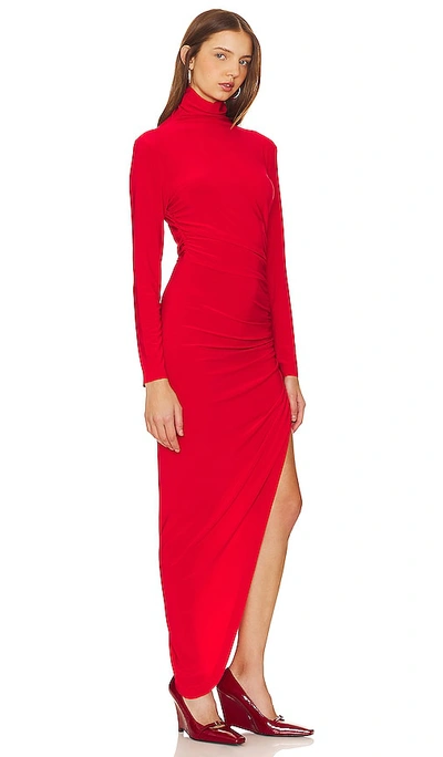 Shop Norma Kamali Long Sleeve Turtle Neck Side Drape Gown In Tiger Red