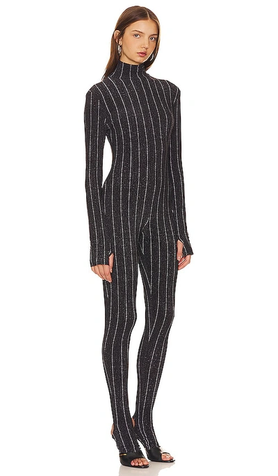 Shop Norma Kamali Long Sleeve Turtle Catsuit With Footie In Woven Pinstripe