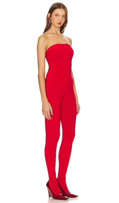 Shop Norma Kamali Strapless Catsuit With Footsie In Tiger Red