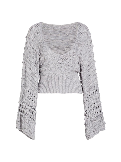 Shop Frederick Anderson Women's Take Me Away Pom-pom Crochet Cotton Sweater In Silver