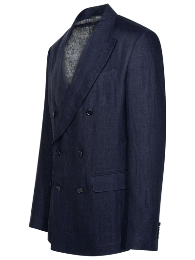 Shop Dolce & Gabbana Man  Navy Linen Blazer In Blue