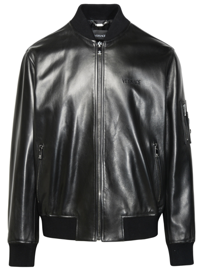Shop Versace Man  Black Leather Bomber Jacket