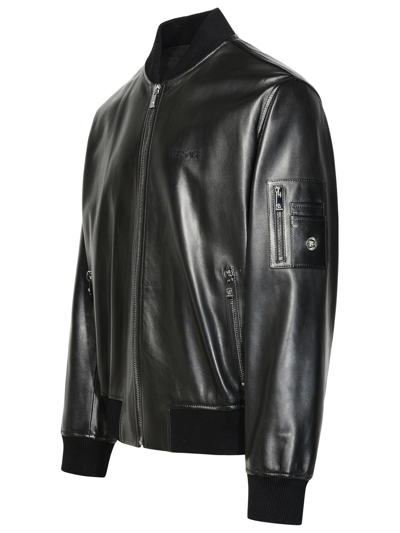 Shop Versace Man  Black Leather Bomber Jacket