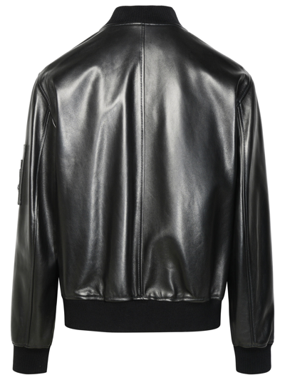 Shop Versace Man  Black Leather Bomber Jacket
