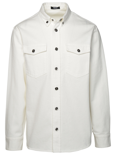 Shop Versace Man  Denim Shirt In White Cotton