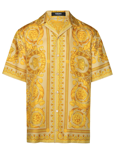 Shop Versace 'barocco' Gold Silk Shirt Man
