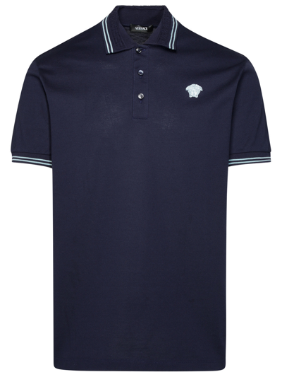 Shop Versace Man  'medusa' Blue Cotton Polo Shirt