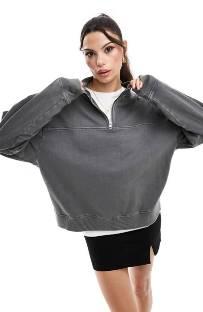 Shop Asos Design Washed Half Zip Sweatshirt In Grey