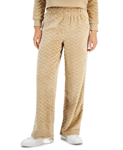 Shop Crave Fame Juniors' Cozy Faux-fur Wide-leg Pants In Natural Tan Chevron