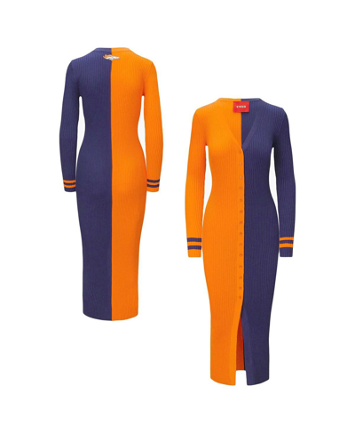 Shop Staud Women's  Orange, Navy Denver Broncos Shoko Knit Button-up Sweater Dress In Orange,navy