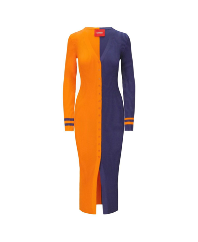 Shop Staud Women's  Orange, Navy Denver Broncos Shoko Knit Button-up Sweater Dress In Orange,navy