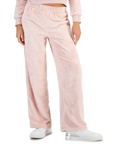 Shop Crave Fame Juniors' Cozy Faux-fur Wide-leg Pants In Silver Pink Butterfly