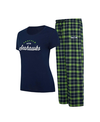 Shop Concepts Sport Women's  College Navy, Neon Green Seattle Seahawks Arctic T-shirt And Flannel Pants Sl In Navy,neon Green