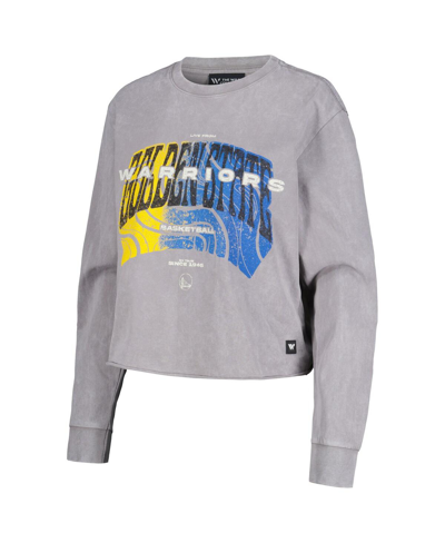 The Wild Collective Women's  Gray Distressed Golden State Warriors Band Cropped Long Sleeve T-shirt In Gray