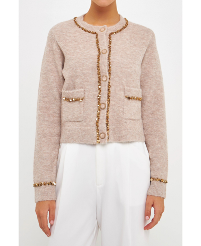 Shop Endless Rose Women's Sequins Trim Cardigan In Taupe
