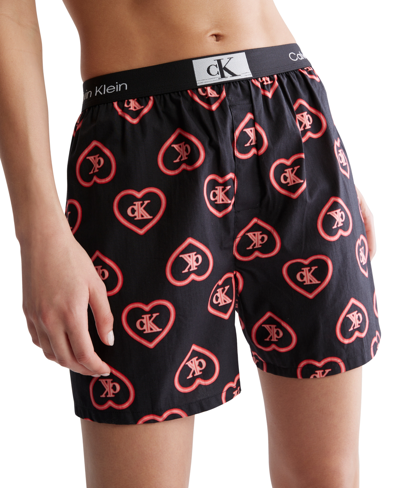 Shop Calvin Klein Women's 1996 Valentines Lounge Boxer Shorts Qs7074 In Neon Heartswhite