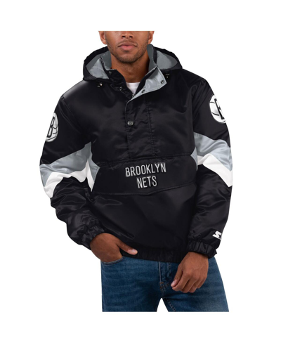 Shop Starter Men's  Black Brooklyn Nets Force Play Satin Hoodie Half-zip Jacket