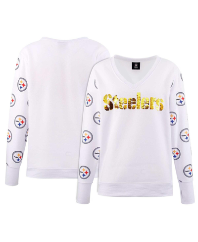 Shop Cuce Women's  White Pittsburgh Steelers Sequin Fleece V-neck T-shirt