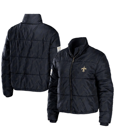 Wear By Erin Andrews Women's  Black New Orleans Saints Puffer Full-zip Cropped Jacket In Black