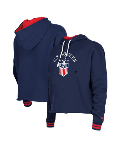 New Era Women's 5th & Ocean By  Navy Uswnt Athleisure Cropped Fleece Pullover Hoodie In Blue