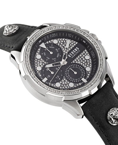 Shop Versus Men's 6e Arrondissement Multifunction Black Leather Watch 46mm